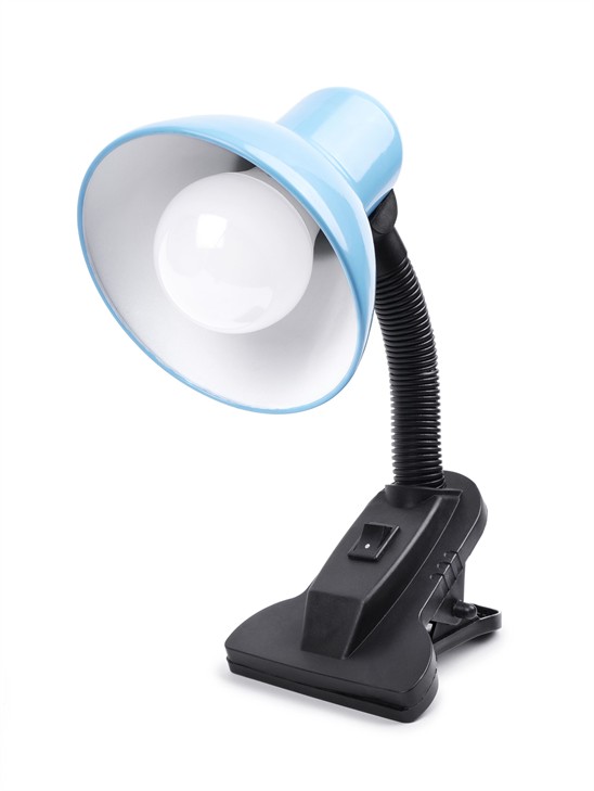 Blue table lamp on a clamp isolated on white background